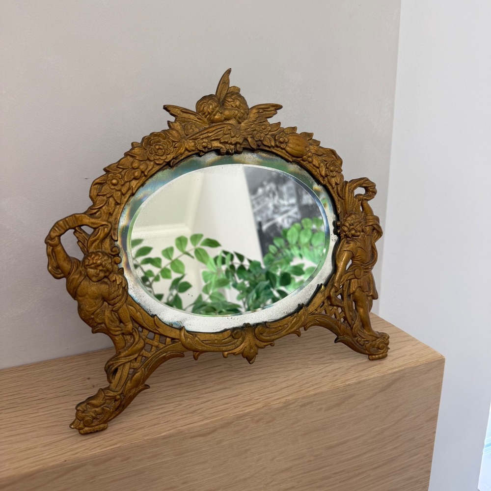 Antique Vintage Ornate Brass Cherub Vanity Mirror Gold Rococo Beveled Tabletop